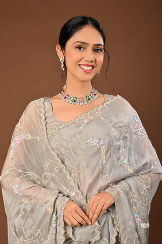 Grey Soft Silk Saree: Heavy Stone Jaal with Sequins and