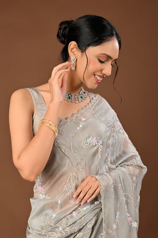 Grey Soft Silk Saree: Heavy Stone Jaal with Sequins and