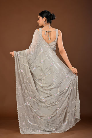 Grey Soft Silk Saree: Heavy Stone Jaal with Sequins and