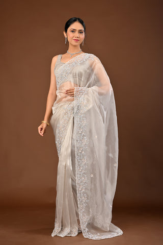 Designer Steel Grey/Silver Tissue Saree adorned with White Color Cutdana and White Sequins
