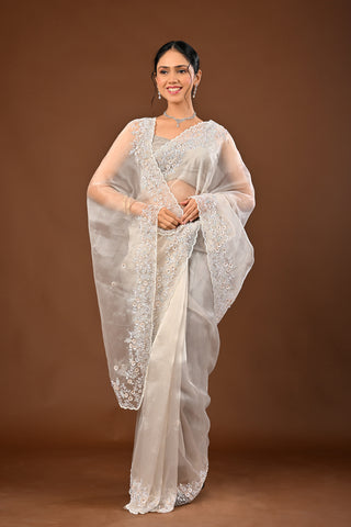 Designer Steel Grey/Silver Tissue Saree adorned with White Color Cutdana and White Sequins