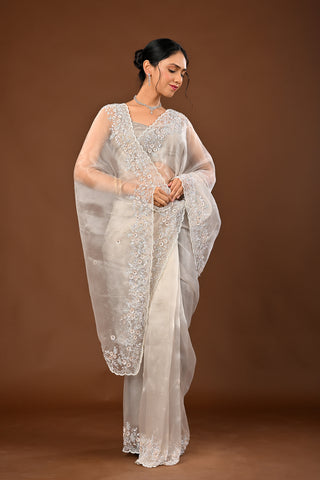 Designer Steel Grey/Silver Tissue Saree adorned with White Color Cutdana and White Sequins