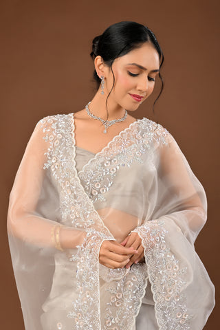 Designer Steel Grey/Silver Tissue Saree adorned with White Color Cutdana and White Sequins