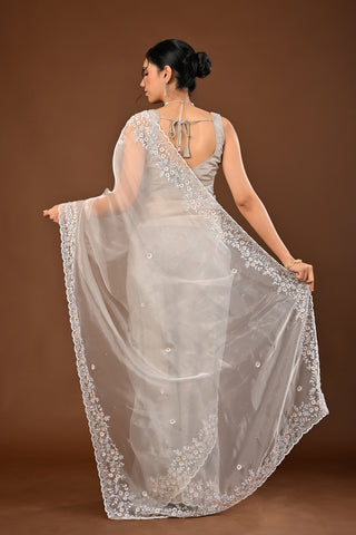 Designer Steel Grey/Silver Tissue Saree adorned with White Color Cutdana and White Sequins