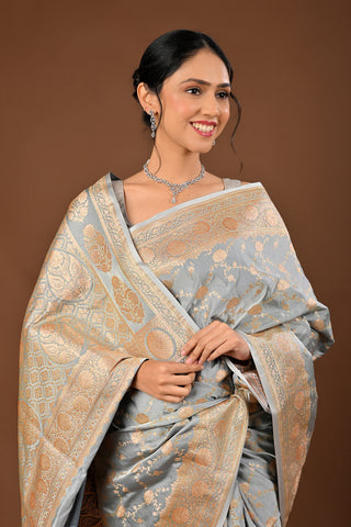 Grey Saree crafted in Banarasi Silk with Silk Saree with Traditional Banarasi Weave