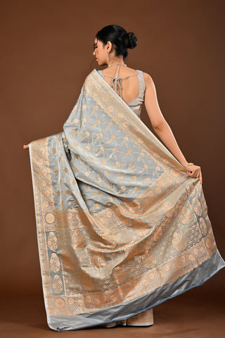 Grey Saree crafted in Banarasi Silk with Silk Saree with Traditional Banarasi Weave