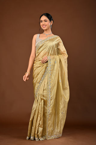 Mehandi Green Saree crafted in Crush Tissue with Scallop Cutting with Sequins and Cutdana