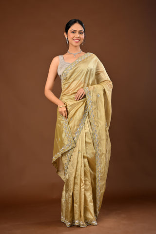 Mehandi Green Saree crafted in Crush Tissue with Scallop Cutting with Sequins and Cutdana