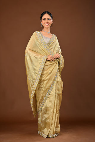 Mehandi Green Saree crafted in Crush Tissue with Scallop Cutting with Sequins and Cutdana