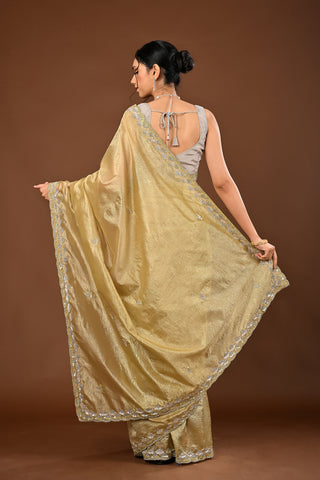Mehandi Green Saree crafted in Crush Tissue with Scallop Cutting with Sequins and Cutdana