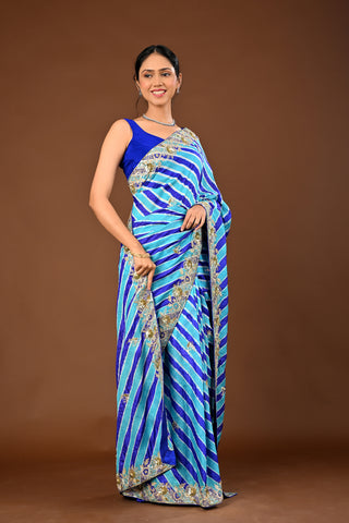 Designer Farozi Blue Tussar silk Saree adorned with Lehariya Saree with Aari Kasab with