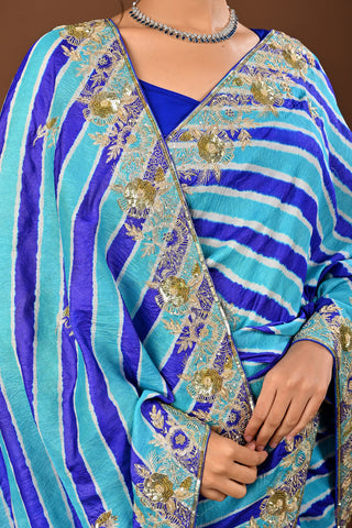 Designer Farozi Blue Tussar silk Saree adorned with Lehariya Saree with Aari Kasab with