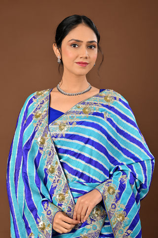 Designer Farozi Blue Tussar silk Saree adorned with Lehariya Saree with Aari Kasab with