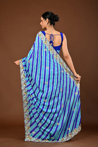 Designer Farozi Blue Tussar silk Saree adorned with Lehariya Saree with Aari Kasab with