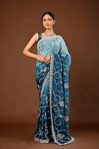 Teal Blue Saree crafted in Soft Silk with Gota Patti Jaal with Keri Motifs