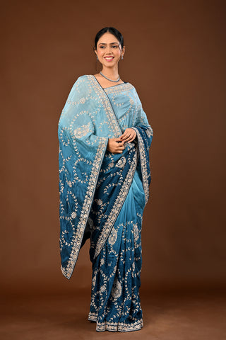 Teal Blue Saree crafted in Soft Silk with Gota Patti Jaal with Keri Motifs