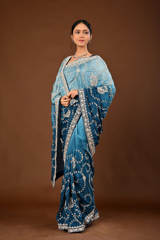Teal Blue Saree crafted in Soft Silk with Gota Patti Jaal with Keri Motifs