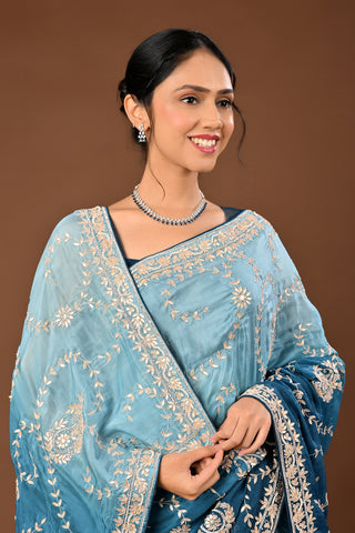 Teal Blue Saree crafted in Soft Silk with Gota Patti Jaal with Keri Motifs