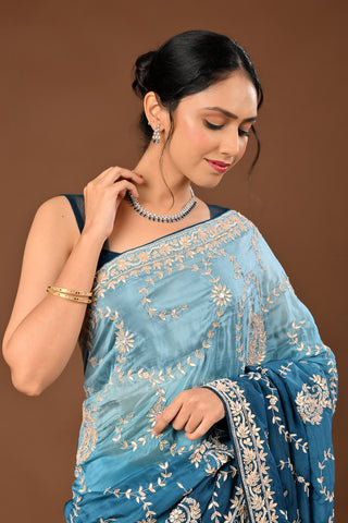 Teal Blue Saree crafted in Soft Silk with Gota Patti Jaal with Keri Motifs
