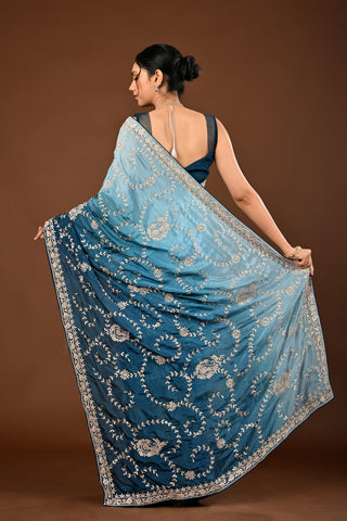 Teal Blue Saree crafted in Soft Silk with Gota Patti Jaal with Keri Motifs