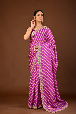 Megenta and Peach Color Saree in Tussar silk featuring Lehariya Saree with Marodi,
