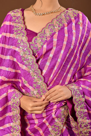 Megenta and Peach Color Saree in Tussar silk featuring Lehariya Saree with Marodi,