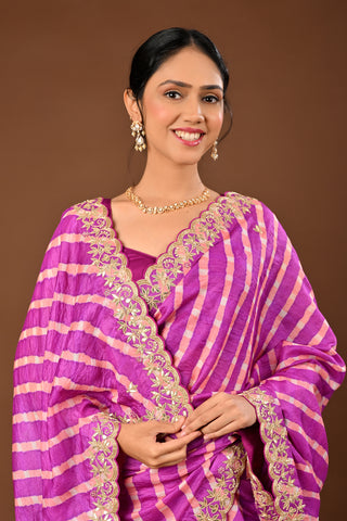 Megenta and Peach Color Saree in Tussar silk featuring Lehariya Saree with Marodi,