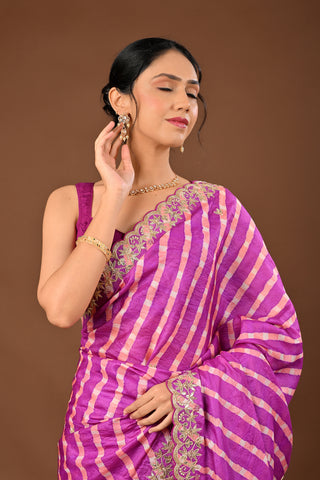 Megenta and Peach Color Saree in Tussar silk featuring Lehariya Saree with Marodi,