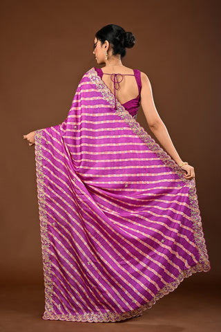 Megenta and Peach Color Saree in Tussar silk featuring Lehariya Saree with Marodi,