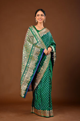 Two tone - Green - blue Banarasi Silk Saree: Silk Saree with Traditional Banarasi Weave