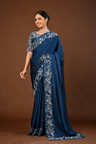 Teal Blue Saree crafted in Imported Lycra with Patch with Cutdana and Sequins with