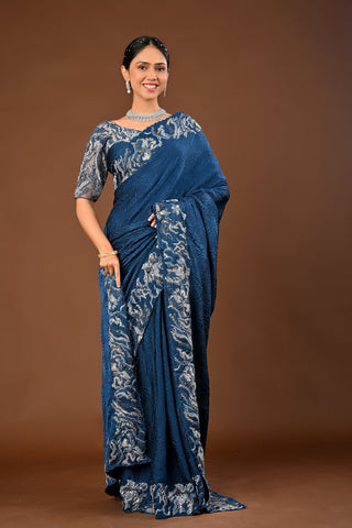 Teal Blue Saree crafted in Imported Lycra with Patch with Cutdana and Sequins with