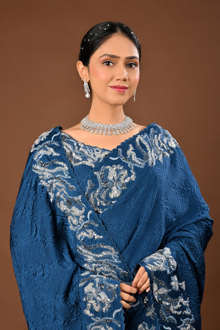 Teal Blue Saree crafted in Imported Lycra with Patch with Cutdana and Sequins with