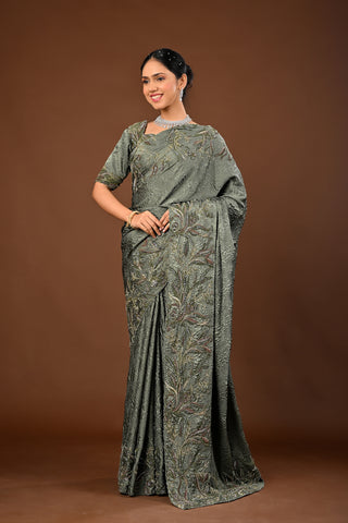 Matt Green Imported Lycra Saree with Cutdana and Zari with Resham Outlines