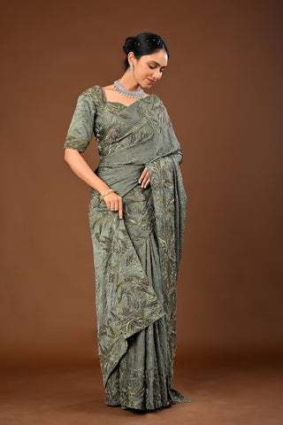 Matt Green Imported Lycra Saree with Cutdana and Zari with Resham Outlines