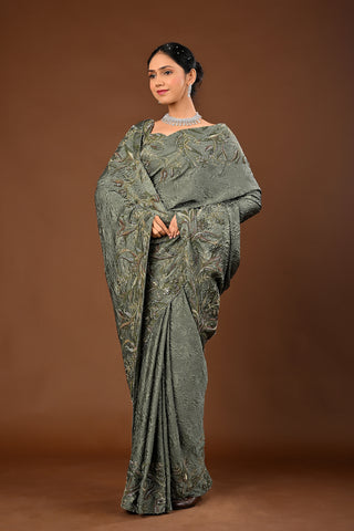 Matt Green Imported Lycra Saree with Cutdana and Zari with Resham Outlines
