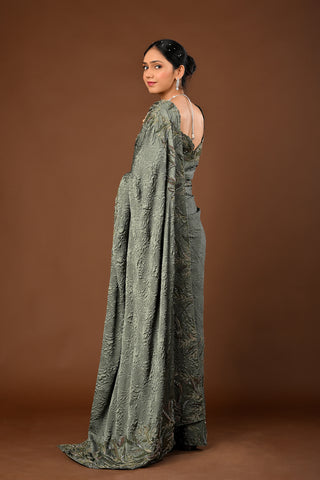 Matt Green Imported Lycra Saree with Cutdana and Zari with Resham Outlines