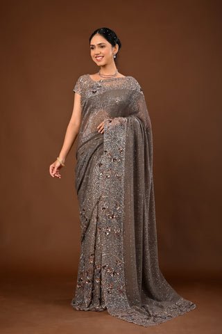 Copper gold Soft Net Saree: Cutdana and Sequins Heavy with Stitched