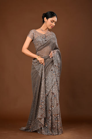 Copper gold Soft Net Saree: Cutdana and Sequins Heavy with Stitched
