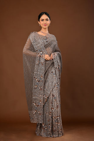 Copper gold Soft Net Saree: Cutdana and Sequins Heavy with Stitched