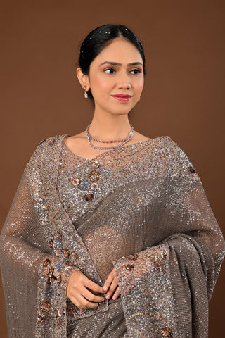 Copper gold Soft Net Saree: Cutdana and Sequins Heavy with Stitched