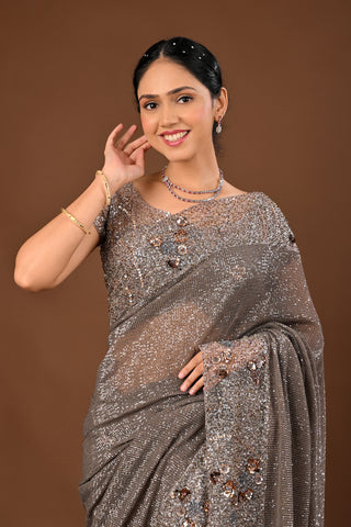 Copper gold Soft Net Saree: Cutdana and Sequins Heavy with Stitched