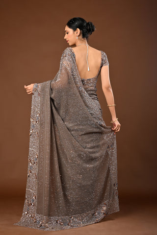 Copper gold Soft Net Saree: Cutdana and Sequins Heavy with Stitched