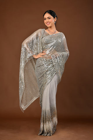 Grey Saree crafted in Imported Net with Cutdana and Sequins Cutting Saree with