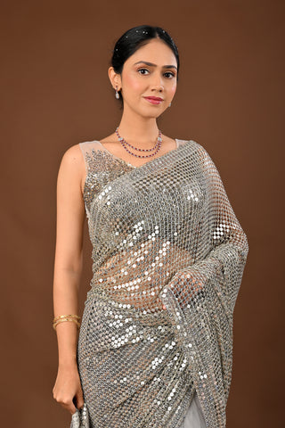 Grey Saree crafted in Imported Net with Cutdana and Sequins Cutting Saree with