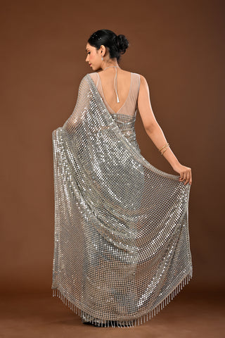 Grey Saree crafted in Imported Net with Cutdana and Sequins Cutting Saree with