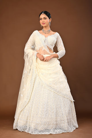 Snow White Net with organza dupatta Lehenga with Cutdana with Sequins