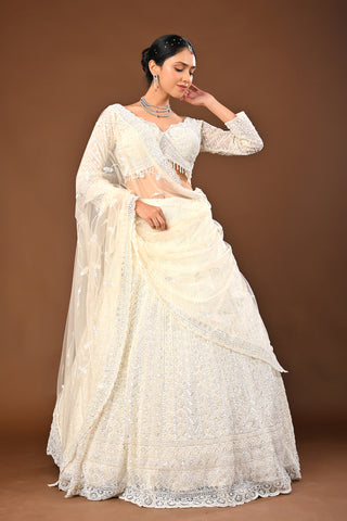 Snow White Net with organza dupatta Lehenga with Cutdana with Sequins