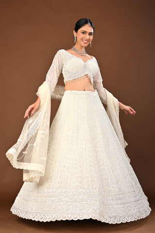 Snow White Net with organza dupatta Lehenga with Cutdana with Sequins