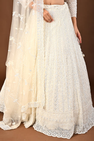 Snow White Net with organza dupatta Lehenga with Cutdana with Sequins